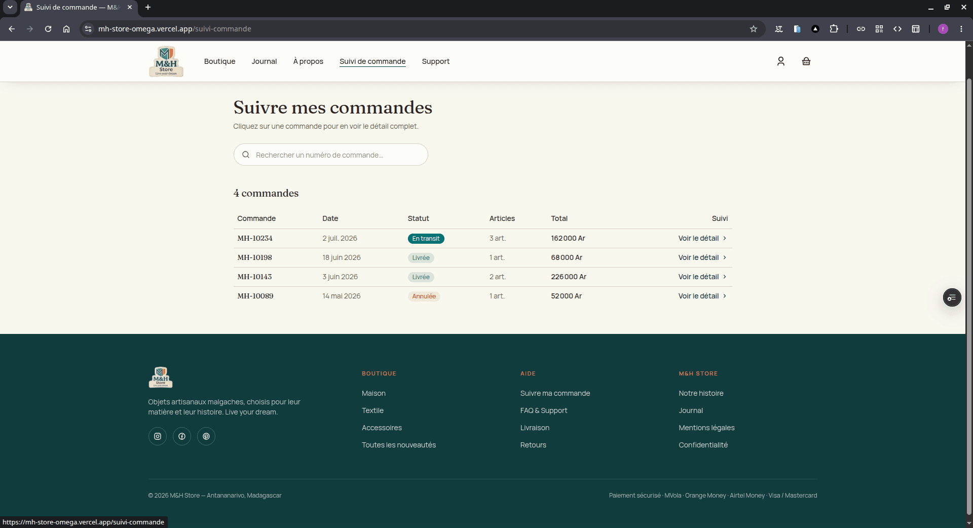 Fiche produit du site e-commerce M&H Store