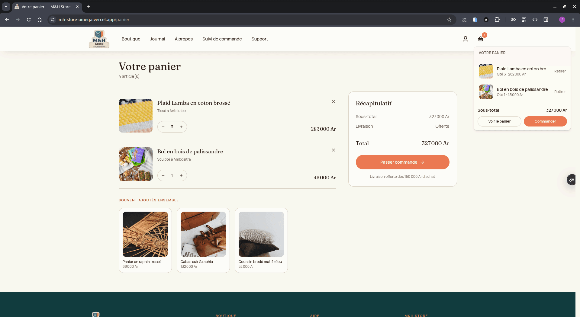 Panier et parcours d'achat M&H Store